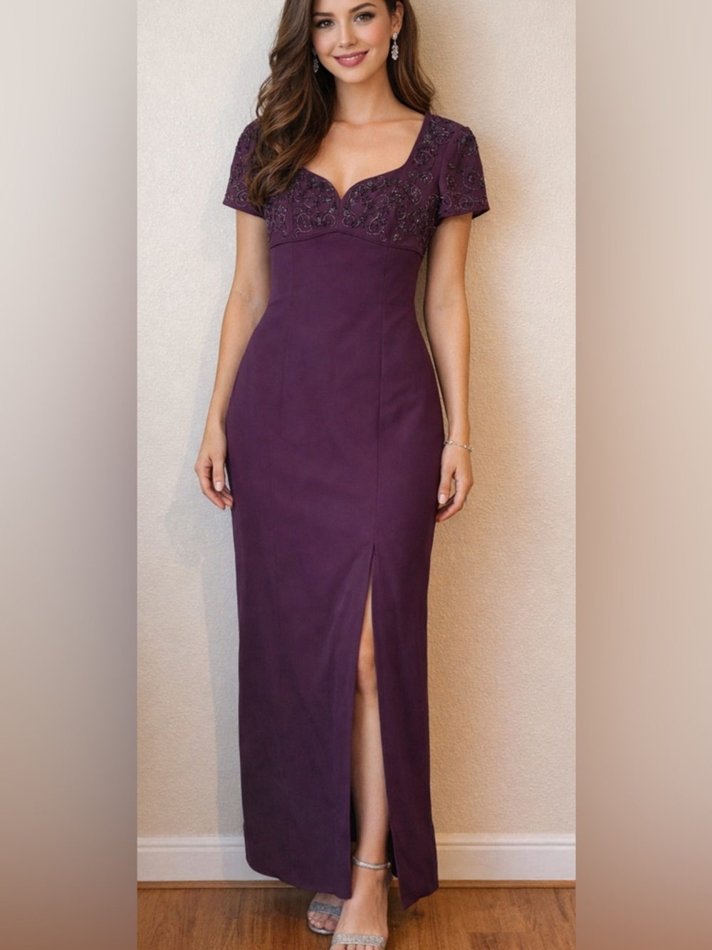 LIZ CLAIBORNE Night Dress, Plum , Beaded midi, Size 8, Pre owned